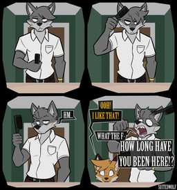 4_panel_comic anthro biped black_nose brown_ear_tips brown_nose brush clothed clothed_anthro clothed_male clothing comb_(brush) crossdressing dialogue dipstick_ears duo ear_markings facial_tuft fangs femboy fully_clothed fully_clothed_male fur grey_body grey_fur hairbrush head_tuft index_to_index maid_uniform male markings multicolored_ears orange_body orange_fur scared simple_background teeth text tuft uniform suitedwolfie balthy_(suitedwolfie) k_(suitedwolfie) canid canine canis fox mammal northwestern_wolf red_fox true_fox wolf 2025 comic english_text hi_res meme