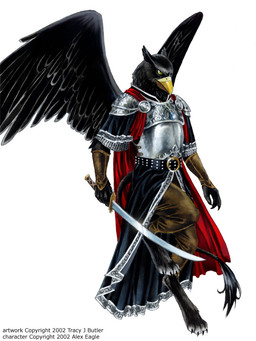 anthro armor barefoot beak belt black_body black_feathers bottomwear cape clothing cuirass feathered_wings feathers feet green_eyes holding_melee_weapon holding_object holding_sword holding_weapon jewelry looking_down male melee_weapon necklace pants pendant shoulder_guards simple_background solo studded_belt studs sword text vambrace warrior weapon white_background wings yellow_beak tracy_j._butler mythology alex_eagle avian gryphon mythological_avian mythological_creature 2002 artist_name english_text full-length_portrait portrait