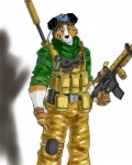 anthro clothed clothing gun handgun heterochromia male ranged_weapon rifle simple_background solo weapon white_background acev alistair_(acev) australian_shepherd canid canine canis domestic_dog herding_dog mammal pastoral_dog sheepdog 4:5 digital_media_(artwork)