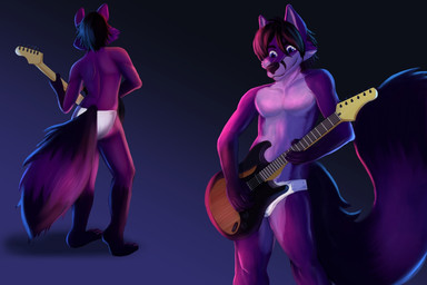 anthro biped briefs clothing electric_guitar fur guitar male musical_instrument playing plucked_string_instrument purple_body purple_fur solo standing string_instrument tighty_whities underwear white_briefs white_clothing white_underwear wolfen_deschain fender_musical_instruments_corporation stratocaster azer canid canine fox mammal