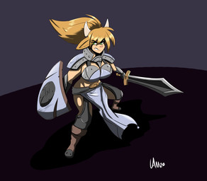 angry anthro armor big_breasts bikini_armor blonde_hair boots bottomwear breastplate breasts clothed clothing female fighting_pose footwear gloves green_eyes hair handwear horn loincloth long_hair melee_weapon narrowed_eyes ponytail pose shield shoes solo standing sword tan_body unconvincing_armor weapon amhidden bovid bovine cattle mammal hi_res