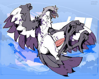 abstract_background anthro avian_feet beak claws erection feathers genitals legs_up looking_at_viewer male open_mouth penis pose solo spread_wings tail tail_feathers tapering_penis white_body wing_claws wings stercore_murum birdpathy great_grey_shrike 5:4 absurd_res hi_res pinup