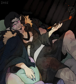 asian_clothing black_clothing black_hair black_kimono blue_claws claws cloak clothing east_asian_clothing fur_cloak hair japanese_clothing kimono kiseru lying male obi on_back on_pillow pillow pink_eyes pointy_ears pupils scar slit_pupils smoking_pipe solo white_clothing white_obi puppetmaster13uwu demon_slayer kimetsu_no_yaiba muzan_kibutsuji demon humanoid cel_shading shaded