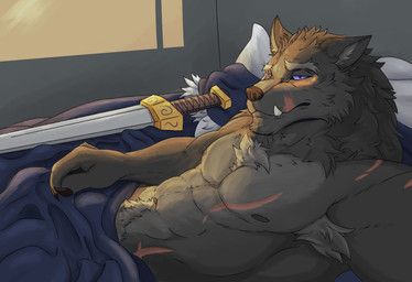 abs anthro armpit_hair bed bed_sheet bedding body_hair claws fur furniture grey_body happy_trail looking_at_viewer lying male melee_weapon muscular muscular_anthro muscular_male nipples nude pecs scar smile solo sword teeth weapon hakydaki elden_ring fromsoftware blaidd_(elden_ring) canid canine canis mammal wolf absurd_res hi_res