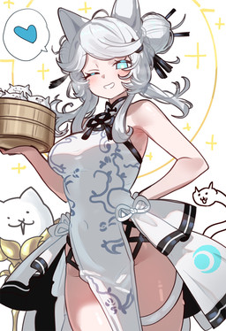 armpit_fetish asian_clothing bangs blue_eyes blush blush_lines breasts chinese_clothing clothing container dumplings east_asian_clothing eyebrows eyelashes female food gold_(metal) gold_pedestal group hair hair_bun hand_behind_back happy heart_reaction heart_symbol holding_container holding_object looking_at_viewer one_eye_closed open_mouth pose pupils short_hair standing star_emanata tail thick_thighs twin_buns white_hair white_pupils white_tail wink winking_at_viewer ebora ponos_corp. the_battle_cats basic_cat melusine_(fate) salvation's_daughter_lunacia animal_humanoid felid felid_humanoid feline feline_humanoid food_creature humanoid mammal mammal_humanoid detailed digital_drawing_(artwork) digital_media_(artwork) hi_res