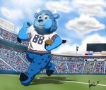 american_football ball black_eyes blue_body blue_fur bottomless clothed clothing cloud football_player football_uniform fur gridiron_ball horn lips looking_at_viewer male mascot running sky smile sport stadium thick_bottom_lip baxterkangaroo buffalo_bills nfl billy_buffalo 2019 colored signature