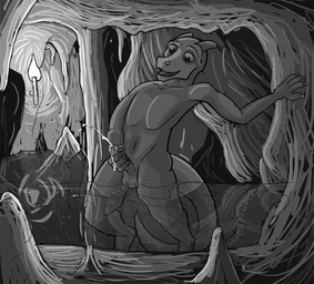 anthro balls bath bodily_fluids cave claws cum cumshot ejaculation erection foreskin genital_fluids genitals horn male masturbation non-mammal_balls nude open_mouth orgasm penile penile_masturbation penis smile solo water crystallos dungeons_and_dragons hasbro wizards_of_the_coast kobold lizard reptile scalie 2014 monochrome