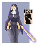 anthro baseball_bat bat_(object) bedroom_eyes blush clothed clothing female fur legwear looking_at_viewer narrowed_eyes nun nun_outfit photo seductive simple_background smile smiling_at_viewer solo text thick_thighs thigh_highs mangakitsune2 bonk_(meme) canid canine canis domestic_dog mammal shiba_inu spitz hi_res