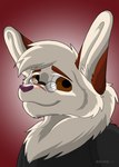 anthro black_body black_fur brown_eyebrows brown_eyes eyebrows eyewear fur glasses male multicolored_body multicolored_fur neck_tuft purple_nose red_background simple_background solo tuft white_body white_fur youtuber reiyoyote lagovirt lagomorph leporid mammal rabbit absurd_res hi_res