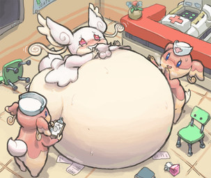 belly big_belly blue_sclera chair female feral furniture group huge_belly inflation inside pink_body red_sclera trio white_body molaveda nintendo pokemon audino generation_5_pokemon generation_6_pokemon mega_audino mega_evolution pokemon_(species) 2017