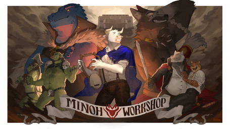 2_horns 5_fingers anthro axe banner_image beard belt biped black_nose blue_body blue_cape blue_clothing blue_skin body_hair bone border bottomwear brass_knuckles building cape chest_hair clothed clothing crossed_arms eyes_closed facial_hair fang_necklace fangs fingernails fingers fully_clothed fur green_body green_skin grey_body grey_fur grin group hair hand_on_chest happy holding_melee_weapon holding_object holding_sword holding_weapon horn jewelry lyre male melee_weapon musical_instrument nails navel necklace nipples open_mouth orange_body orange_fur overalls overweight overweight_anthro overweight_male pants pig_nose pink_nipples plucked_string_instrument red_eyes sharp_teeth shirt skull smile standing string_instrument sword teeth text topwear tusks weapon white_border white_clothing white_shirt white_topwear dilukha devil's_gambit european_mythology greek_mythology minotaur_hotel mythology orc_breeding sex_drive asterion_(minotaur_hotel) boomer_(nanoff) hector_(devil's_gambit) miles_(nanoff) rod_(sex_drive) bovid bovine crocodile crocodilian felid mammal minotaur orc pantherine reptile scalie tiger 16:9 2024 detailed english_text hi_res signature widescreen