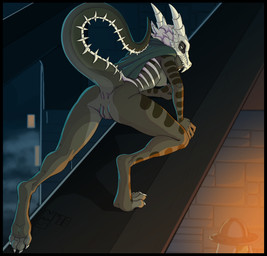 anthro black_border blue_eyes bone bone_mask border breasts butt claws digitigrade feet female genitals green_body green_scales horn looking_down mask medium_breasts mostly night nipples non-mammal_breasts non-mammal_nipples nude raised_tail scales skull skull_mask skull_on_head sneaking soles solo stone_wall tail toes view vulva wall_(structure) window minnosimmins myst_(fr0stbit3) kobold scalie 2026 absurd_res digital_drawing_(artwork) digital_media_(artwork) hi_res