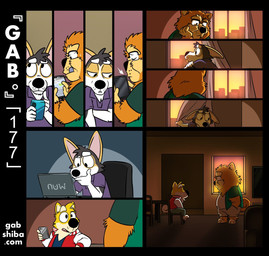 anthro apartment black_nose cellphone chair clothed clothing computer curtains dim_lighting duo electronics eye_contact eyebrows eyewear fur furniture glasses holding_cellphone holding_object holding_phone inside laptop looking_at_another looking_at_cellphone looking_at_computer looking_at_laptop looking_at_object looking_at_phone looking_through looking_through_window male multicolored_body multicolored_fur on_chair orange_body orange_fur pensive phone purple_tongue sad sitting sitting_on_chair solo sunset text thick_eyebrows tongue wearing_glasses white_body white_fur window yellow_body yellow_fur gabshiba gab_(comic) gab_shiba korg_(gabshiba) wang_chow canid canine canis chow_chow domestic_dog herding_dog mammal pastoral_dog shiba_inu spitz welsh_corgi comic multiple_scenes url