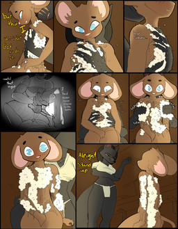 anthro armor axe blood blue_eyes blush bodily_fluids brown_body brown_fur claws dark_body dark_fur dialogue duo facial_scar female flashback fur larger_female male male/female male_anthro nude nude_anthro nude_male reaching_towards_viewer scar scared sitting size_difference smaller_male soap suds tears text weapon yellow_eyes privvys-art keta_(privvy) miguel_(privvy) canid canine fox mammal mouse murid murine red_fox rodent silver_fox true_fox absurd_res comic english_text hi_res