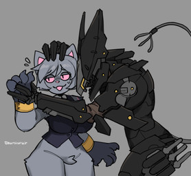 against_surface against_wall anthro big_hands bodily_fluids clothing collared_shirt cuffs_(clothing) dagger dress_shirt duo female feral fur grey_body grey_fur hand_holding long_tail machine male male/female melee_weapon pink_sclera shirt sweat sweatdrop tail topwear weapon yellow_eyes murninatair konami metal_gear blade_wolf jund_(smugjund) canid canine canis domestic_cat felid feline felis hybrid lagomorph leporid mammal robot robot_feral wolf
