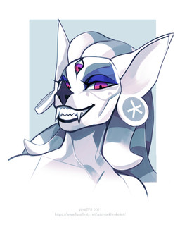3_eyes anthro ear_piercing fangs female front_view gauged_ear grin looking_at_viewer multi_eye narrowed_eyes piercing sharp_teeth simple_background smile solo teeth text unknowhiter 2021 absurd_res artist_name bust_portrait hi_res portrait restricted_palette