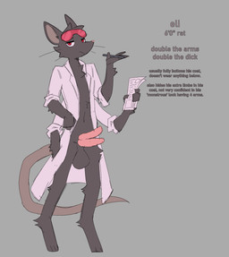 anthro balls bottomless bottomless_male clothed clothing coat digitigrade eyewear genitals glasses hand_in_pocket lab_coat looking_at_viewer male multi_arm multi_genitalia multi_limb multi_penis paper penis pockets simple_background solo standing text topwear funkyfluxed mammal murid murine rat rodent pencil_(disambiguation) english_text hi_res