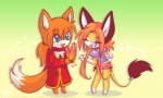 3_toes anthro barefoot bottomwear chibi clothing collar dipstick_tail duo eyes_closed feet female male markings open_mouth skirt tail tail_markings tail_tuft toes tuft felousefarnayne luna777 felouse_(character) taratsu_(character) arthropod butterfly canid canine fox insect lepidopteran mammal moondog