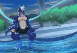 3_toes anthro beverage claws container cup feet hair looking_at_viewer male muscular partially_submerged poolside sitting solo tail toe_claws toes water sellon mythology deram dragon mythological_creature mythological_scalie scalie wingless_dragon