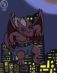 anthro chibi city clothed clothing hair male moon new_york_city night red_body smile solo tail topless white_hair wings garrus368 disney gargoyles brooklyn_(gargoyles) gargoyle scalie hi_res