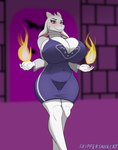 anthro big_breasts blush breasts clothing dominant dominant_female female fire fur horn huge_breasts purple_clothing red_eyes solo white_body white_fur wide_hips skippersaucecat undertale_(series) toriel bovid caprine goat mammal hi_res