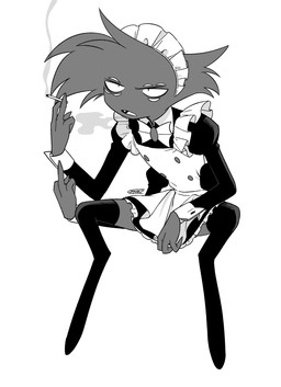4_arms 4_fingers cigarette clothed clothing fingers fur gesture hand_gesture holding_cigarette holding_object legwear maid_headdress maid_uniform male middle_finger multi_arm multi_eye multi_limb open_mouth smoking solo thigh_highs uniform enaic31 hazbin_hotel hellaverse arackniss_(hazbin_hotel) arachnid arthropod demon humanoid spider absurd_res hi_res monochrome