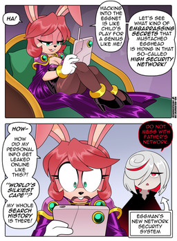 2_panel_comic 5_fingers anklet anthro artificial_intelligence bracelet breasts buckteeth cape cleavage clothed clothing dialogue doxxing duo female fingers footwear fur furniture gloves gold_(metal) gold_anklet gold_bracelet gold_jewelry green_eyes green_furniture hacking hair hair_over_eye handwear high_heels highlights_(coloring) jewelry legwear leotard looking_at_tablet pantyhose pillow pink_body pink_fur pink_hair purple_cape purple_clothing red_eyes red_highlights shoes silk sitting surprised tablet_computer teeth text white_clothing white_gloves white_hair white_handwear nico_neko sega sonic_frontiers sonic_the_hedgehog_(series) connie_cottontail_(nico_neko) fan_character sage_(sonic) human lagomorph leporid mammal rabbit 2026 absurd_res comic english_text hi_res