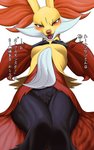 anthro blush breasts female fur genitals inner_ear_fluff looking_at_viewer pussy solo text tuft katahane3 nintendo pokemon canid canine delphox generation_6_pokemon mammal pokemon_(species) 5:8 absurd_res hi_res japanese_text translated