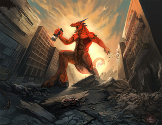 4_fingers abs ambiguous_gender anthro biped blue_eyes building car city claws cloud day destruction detailed_background digitigrade fangs feet fingers holding_object horn macro male muscular muscular_anthro muscular_male nude open_mouth orange_body outside pecs red_body red_scales scales sky solo standing stomping tail teeth toe_claws toes tongue vehicle alectorfencer european_mythology mythology cirez dragon mythological_creature mythological_scalie reptile scalie western_dragon detailed digital_media_(artwork)