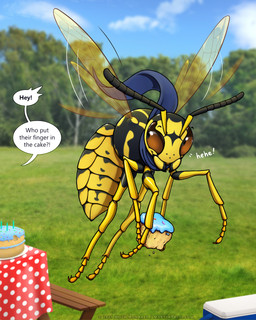ambiguous_gender antennae_(anatomy) birthday_cake black_body brown_eyes cake cooler day dessert dialogue feral field flying food furniture holding_cake holding_food holding_object insect_wings looking_back mostly_nude multicolored_antennae multicolored_body offscreen_character outside photo_background plant scarf scarf_only smile smirk solo speech_bubble table text tree two_tone_antennae two_tone_body wings yellow_body moth_monarch sock_puppet_(theownlysockpuppet) arthropod hymenopteran insect vespid wasp yellowjacket_(wasp) 2021 4:5 artist_name english_description english_text hi_res photography_(artwork) url watermark
