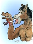 anthro brown_body brown_fur duo eyes_closed fur imminent_oral_vore imminent_vore male male/male nipples open_mouth red_body red_fur scared shirtless_male teeth text tongue tongue_out vore white_body white_fur gianttoby canid canine equid equine fox horse mammal 2013 3:4 artist_name signature