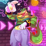 2023 alcohol anthro beer beverage big_bulge blush bottomwear bulge clothed clothing crocodile crocodilian crocodylid drunk electronics green_body headphones hi_res looking_at_viewer male open_mouth reptile scalie sega solo sonic_the_hedgehog_(series) substance_intoxication tail tentabat tongue tongue_out topwear vector_the_crocodile
