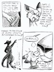 anthro clothed clothing dialogue dipstick_ears duo ear_markings macro male multicolored_ears open_mouth size_difference text topwear vest flinters duncan_roo flinters_(character) kangaroo macropod mammal marsupial comic english_text monochrome