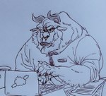 beard claws clothing computer container cup electronics eyewear facial_hair fangs glasses horn laptop male mug name_tag necktie paper pencil_behind_ear shirt solo teeth topwear wuffinarts beauty_and_the_beast disney beast_(disney) monster monochrome pen_(artwork) traditional_media_(artwork)