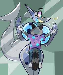 against_surface against_wall anthro anthro_on_anthro band-aid band-aid_on_breast band-aid_on_face bandage bandage_on_face big_breasts big_tail blue_body bottomwear breast_squish breasts clothed clothed_anthro clothed_male clothing denim denim_bottomwear denim_clothing duo female fin fur grey_body grey_fur head_fin huge_breasts inflatable jeans larger_anthro larger_female latex latex_body male male/female multicolored_body nipple_tape nude nude_anthro nude_female on_glass pants pasties red_eyes sharp_teeth shirt size_difference smaller_anthro smaller_male squish tail tail_fin tape teeth text topwear two_tone_body aygee holly_(aygee) johnny_(johnnycoon) animate_inanimate aquatic fish living_inflatable living_latex mammal procyonid raccoon shark 2025 5:6 english_text