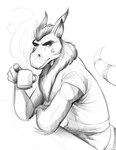 anthro beverage clothing coffee coffee_cup coffee_mug container cup fur fur_markings furniture hair holding_object horn looking_at_viewer male markings side_eye simple_background solo steam tail topwear white_background mikeknight19 mythology spud voidpotato dragon equid equine horse hybrid mammal mythological_creature mythological_scalie scalie digital_media_(artwork) hi_res monochrome sketch