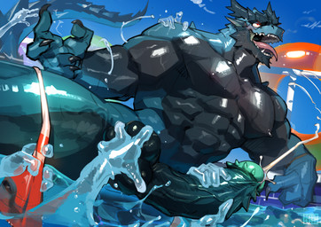 5_fingers abs balls claws erection fingers genitals glans horn male multicolored_body muscular muscular_male partially_submerged penis tongue tongue_out two_tone_body dendryte_axxon mythology dragon mythological_creature mythological_scalie scalie absurd_res hi_res