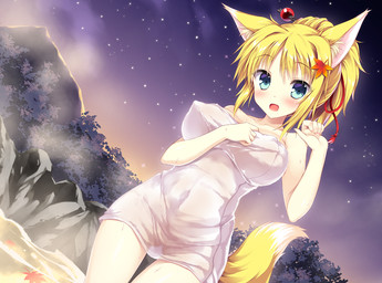 big_breasts blonde_hair blue_eyes blush breasts female hair hot_spring inner_ear_fluff leaf looking_at_viewer night nipple_outline onsen open_mouth outside solo star towel towel_only tuft water tateha animal_humanoid canid canid_humanoid canine canine_humanoid fox_humanoid humanoid mammal mammal_humanoid 2015 digital_media_(artwork) shaded