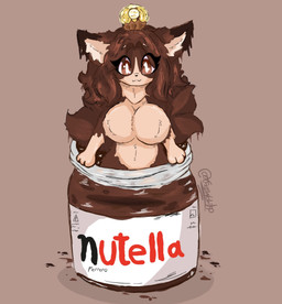 :3 anthro big_breasts bottle breasts brown_background brown_body brown_eyes brown_fur brown_hair candy chocolate clothing container dessert eyelashes female food fur hair hat headgear headwear leg_markings looking_at_viewer markings micro multi_tail multicolored_body partially_submerged simple_background smile socks_(marking) solo tail text two_tone_body salchikokokoko ferrero_rocher nutella canid canine food_creature fox mammal 2024 hi_res