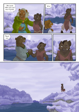 ambiguous_gender anthro biped brown_body brown_fur brown_tail clothed clothing cloud cloudy_sky day dialogue dialogue_box door female fur group nervous outside plant scar sky smile snow snowing speech_bubble tail text tree young young_ambiguous young_anthro bjekkergauken herja_(bjekkergauken) nanna_(bjekkergauken) bear brown_bear mammal suid suine sus_(pig) ursine wild_boar 2025 colored comic english_text hi_res