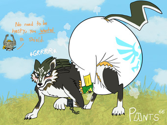 angry big_diaper blonde_hair blue_eyes blush claws cuff_(restraint) diaper duo female feral fur fused_shadow growling hair huge_diaper male metal_cuffs multicolored_body multicolored_fur paws red_eyes restraints runes snout text triforce_symbol yellow_sclera babypants666 nintendo the_legend_of_zelda link_(wolf_form) canid canine canis mammal twili wolf hi_res signature