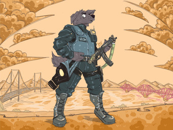 anthro armor boots bridge bulletproof_vest clothing cloud cloudy_sky electronics explosives footwear fur gas_mask grenade grey_body grey_fur gun holding_gun holding_object holding_ranged_weapon holding_rifle holding_weapon looking_at_viewer looking_down male mask military military_clothing military_jacket military_pants military_uniform mountain mountain_range mp5 ranged_weapon rifle river shoes sky skyscape solo standing submachine_gun tail text text_on_clothing topwear uniform vest walkie-talkie weapon mawkvlt heckler_and_koch canid canine mammal 4:3 hi_res