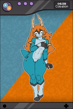alternate_species anthro black_body black_border blue_body border breasts covering covering_breasts covering_self female female_anthro flat_chested genitals grey_body hair hooves horn humanoid_genitalia humanoid_vulva long_hair looking_down mouth_closed multicolored_body navel nude orange_eyes orange_hair solo standing tail vulva freepancakes nintendo pokemon freya_agalith cobalion generation_5_pokemon legendary_pokemon pokemon_(species) absurd_res hi_res