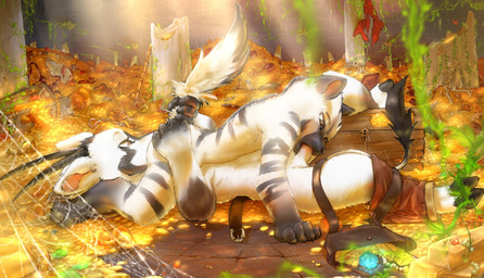 69_position anthro duo gold_(metal) light light_beam male male/male oral sex sunbeam sunlight treasure treasure_chest white_body stampmats antelope bovid grazing_antelope hyena mammal oryx striped_hyena