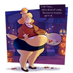 anthro belly blush blush_stickers bottomwear clothing eyelashes female fur holidays long_eyelashes night obese obese_anthro obese_female orange_clothing orange_shirt orange_topwear outside overweight overweight_anthro overweight_female shirt skirt solo speech_bubble text topwear yellow_body yellow_fur ridiculouscake animal_crossing halloween nintendo isabelle_(animal_crossing) canid canine canis domestic_dog mammal shih_tzu toy_dog 1:1 2021 absurd_res hi_res