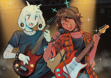 anthro bass_guitar black_background black_clothing black_shirt black_topwear brown_body brown_fur clothing duo ear_piercing ear_ring electric_guitar electronics facial_piercing female fishnet_clothing fishnet_shirt fishnet_topwear fur gauged_ear guitar horn lip_piercing male microphone microphone_stand multiple_piercings musical_instrument nose_piercing nose_ring piercing plucked_string_instrument ring_piercing septum_piercing septum_ring shirt simple_background snakebite_piercing string_instrument topwear white_body white_fur goomyloid deltarune undertale undertale_(series) asriel_dreemurr dess_holiday bovid caprine deer goat mammal new_world_deer reindeer 2025 hi_res
