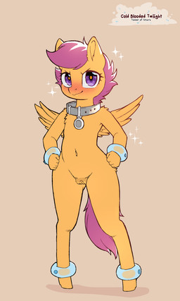 animal_genitalia animal_vulva blush blush_lines bracelet collar collar_tag darkened_genitalia darkened_vulva equine_genitalia equine_vulva female feral genitals grey_collar hair hand_on_hip jewelry looking_at_viewer nude orange_body orange_skin orange_wings purple_eyes purple_hair purple_tail smile snout solo sparkles standing tail text vulva wings cold-blooded-twilight friendship_is_magic hasbro my_little_pony mythology scootaloo_(mlp) equid equine mammal mythological_creature mythological_equine pegasus 2024 3:5 english_text hi_res signature