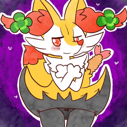 anthro biped blush blush_stickers clothed clothing clover_(plant) clover_leaf crossed_arms dipstick_tail female female_anthro food four_leaf_clover front_view heart_symbol leaf markings mouth_closed object_in_tail panties panties_only plant shrimp_(food) simple_background solo standing tail tail_markings thigh_gap topless underwear underwear_only annyui0611 nintendo pokemon braixen canid generation_6_pokemon mammal pokemon_(species) 1:1 2023 digital_drawing_(artwork) digital_media_(artwork) hi_res japanese_description portrait three-quarter_portrait translated_description