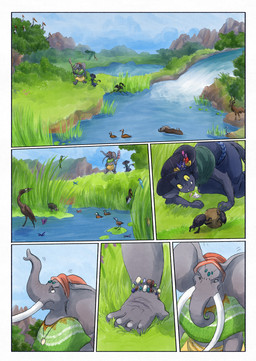 5_fingers anthro black_body black_fur clothed clothing dark_body day feral fingers fur grass grey_body hat headgear headwear plant proboscis_(anatomy) tail trunk_(anatomy) water bjekkergauken mythology imbali_(bjekkergauken) isilo_(bjekkergauken) anatid anseriform arthropod avian beetle bird duck dung_beetle elephant elephantid insect mammal proboscidean scarabaeid unknown_species 2026 colored comic hi_res