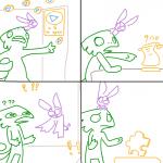 anthro carrying_another duo exclamation_point female gameplay_mechanics humor jiggy male on_head parody puzzle_piece question_mark the_weaver banjo-kazooie ctrl+alt+del loss playtonic_games rareware yooka-laylee laylee yooka bat chameleon lizard mammal reptile scalie 1:1 comic crossover digital_drawing_(artwork) digital_media_(artwork) meme